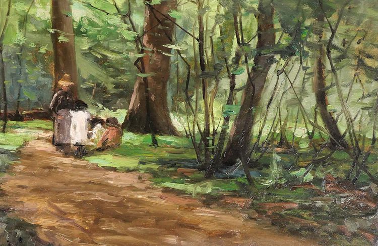 Joseph-Charles François 1851-1940 Waldlandschaft, Frau und Kinder, Impressionismus Belgien