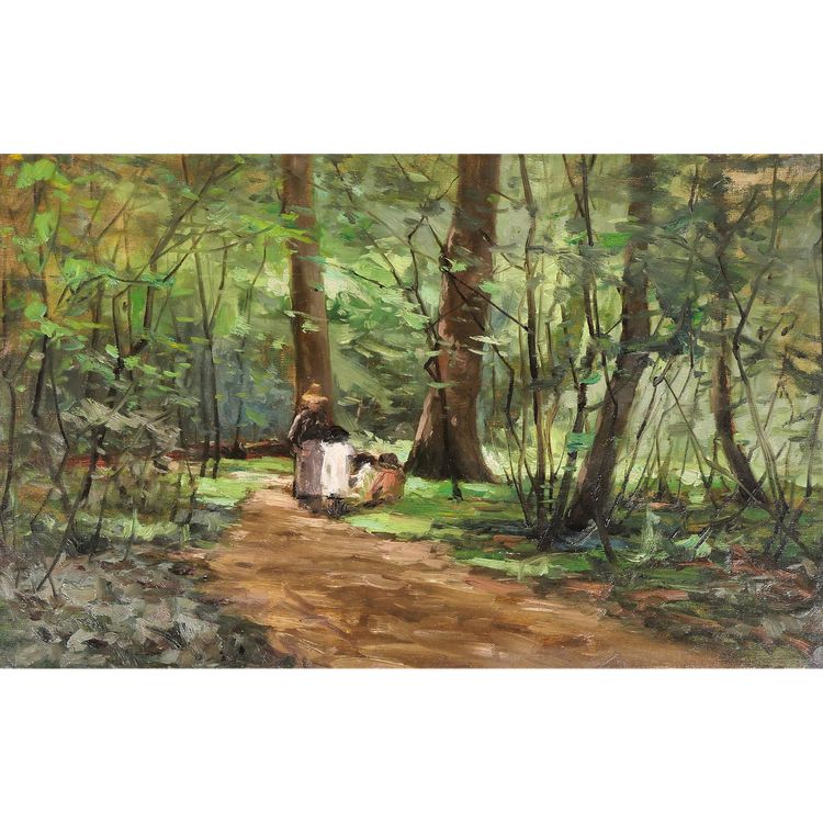 Joseph-Charles François 1851-1940 Waldlandschaft, Frau und Kinder, Impressionismus Belgien