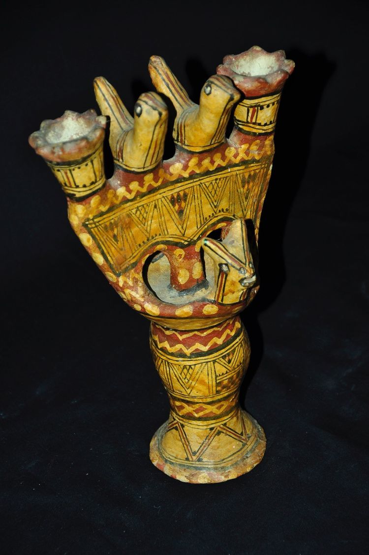 Late 19th-century Kabyle pottery candlestick with polychrome geometric decoration