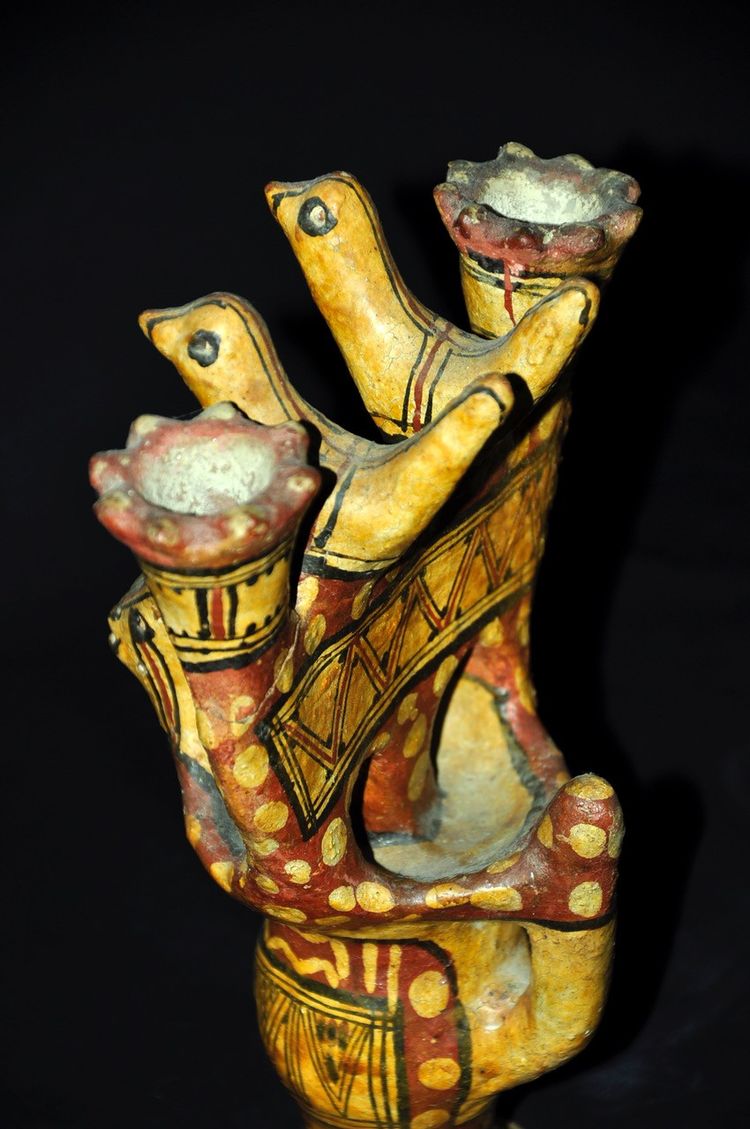 Late 19th-century Kabyle pottery candlestick with polychrome geometric decoration