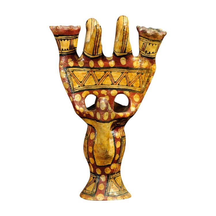Late 19th-century Kabyle pottery candlestick with polychrome geometric decoration
