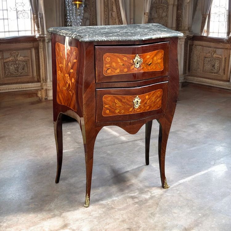 COMMODE DEL XVIII SECOLO DI STILE LOUIS XV IN MARQUETRY DI FIORI CON TOPI IN MARMO