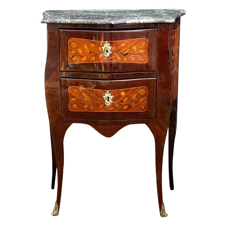 COMMODE DEL XVIII SECOLO DI STILE LOUIS XV IN MARQUETRY DI FIORI CON TOPI IN MARMO