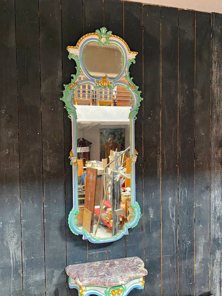 Consolle e specchio in legno dipinto e patinato, circa 1880