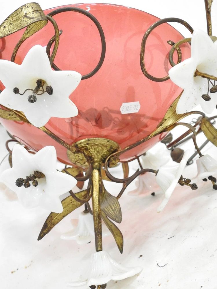 Charming Bronze XIXèm Chandelier, Tinted Glass, with 6 Light Arms,