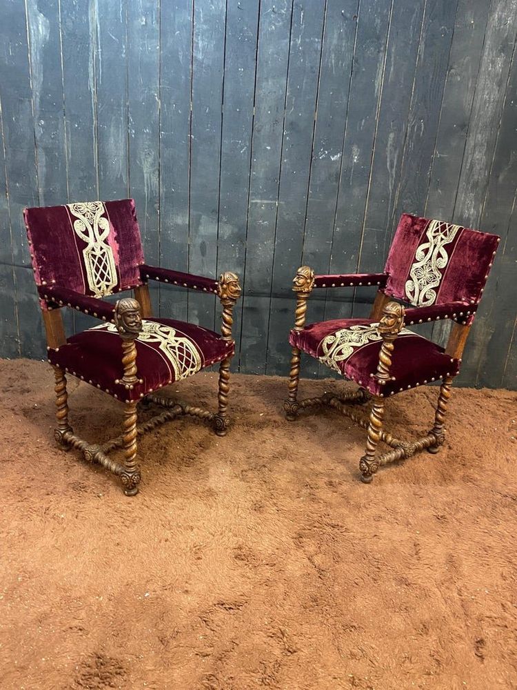 Amusing Louis XIII Style Armchairs, Circa 1900/1930, New Fabric