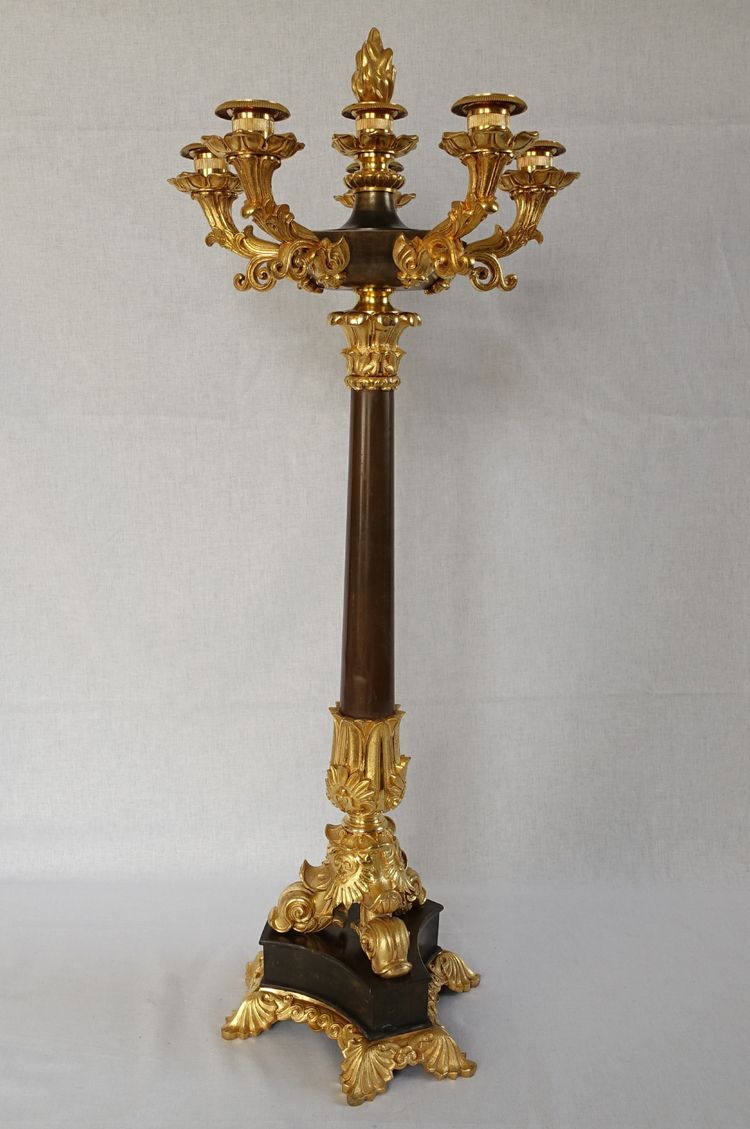 Pair of 6-light gilt bronze and patinated candelabra, Restoration - Empire style - 1830