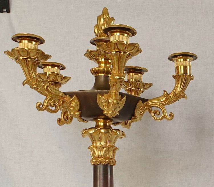 Pair of 6-light gilt bronze and patinated candelabra, Restoration - Empire style - 1830