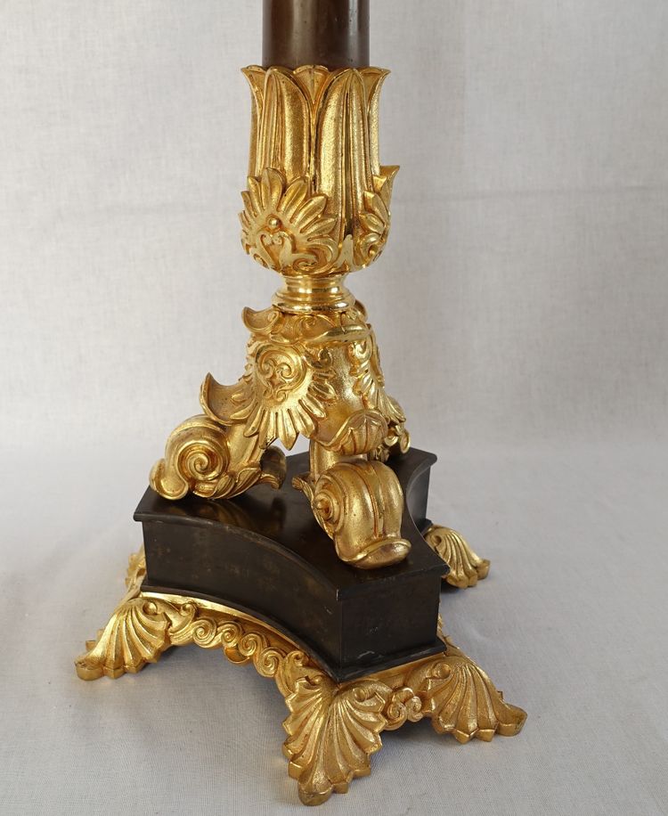 Pair of 6-light gilt bronze and patinated candelabra, Restoration - Empire style - 1830
