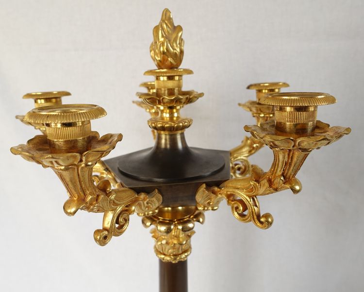 Pair of 6-light gilt bronze and patinated candelabra, Restoration - Empire style - 1830