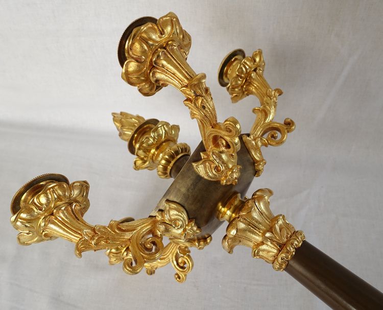 Pair of 6-light gilt bronze and patinated candelabra, Restoration - Empire style - 1830