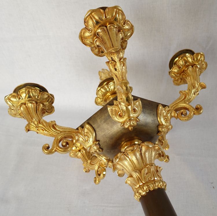 Pair of 6-light gilt bronze and patinated candelabra, Restoration - Empire style - 1830
