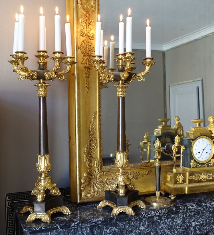 Pair of 6-light gilt bronze and patinated candelabra, Restoration - Empire style - 1830