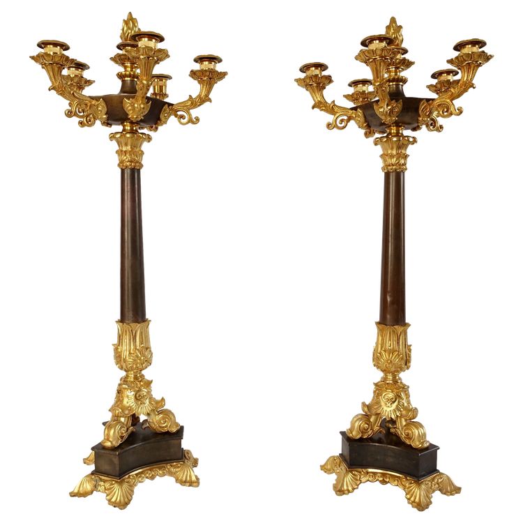 Pair of 6-light gilt bronze and patinated candelabra, Restoration - Empire style - 1830