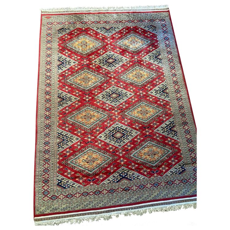 Grande tappeto pakistano firmato in lana lavorato a mano con disegno geometrico su fondo rosso