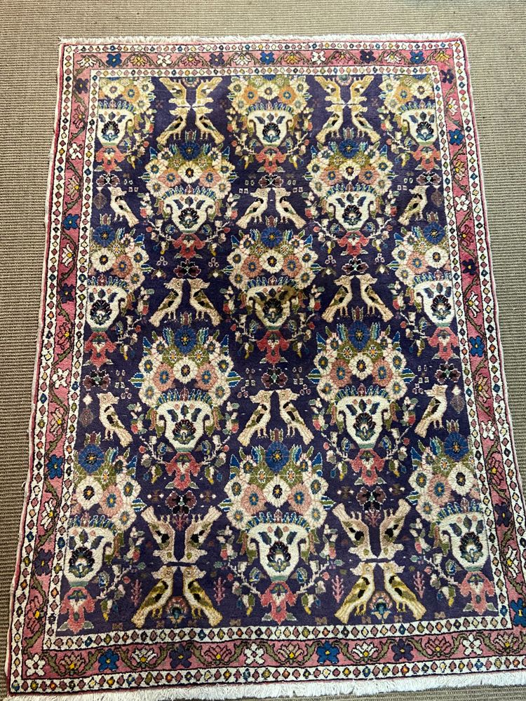 Tapis d'Orient ancien de tribu nomade Qashqai Bakhtiari 1950-1980 oiseaux fond violet