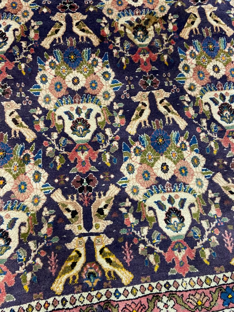 Tapis d'Orient ancien de tribu nomade Qashqai Bakhtiari 1950-1980 oiseaux fond violet