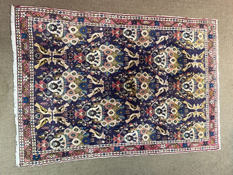 Tapis d'Orient ancien de tribu nomade Qashqai Bakhtiari 1950-1980 oiseaux fond violet