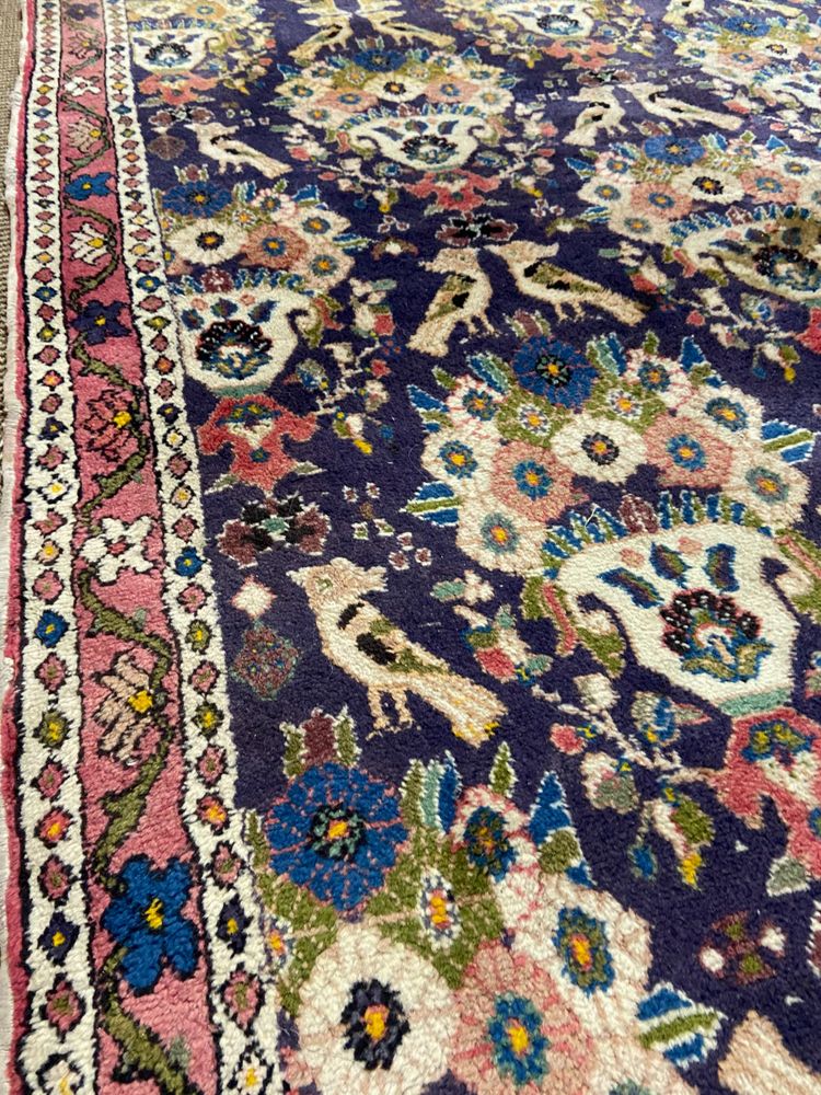 Tapis d'Orient ancien de tribu nomade Qashqai Bakhtiari 1950-1980 oiseaux fond violet