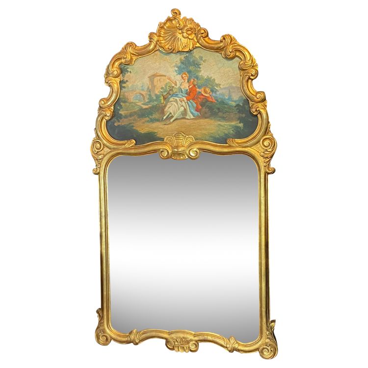 Miroir de cheminée trumeau bois doré tableau scène galante style Louis XV