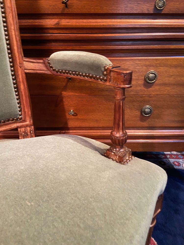 Fauteuil cabriolet velours vert d'époque XVIIIe Louis XVI