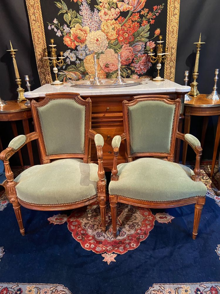 Fauteuil cabriolet velours vert d'époque XVIIIe Louis XVI