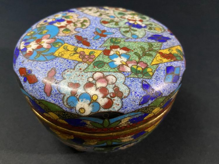 Cloisonné enamel box with polychrome decoration on a blue background Meiji Japan late 19th century