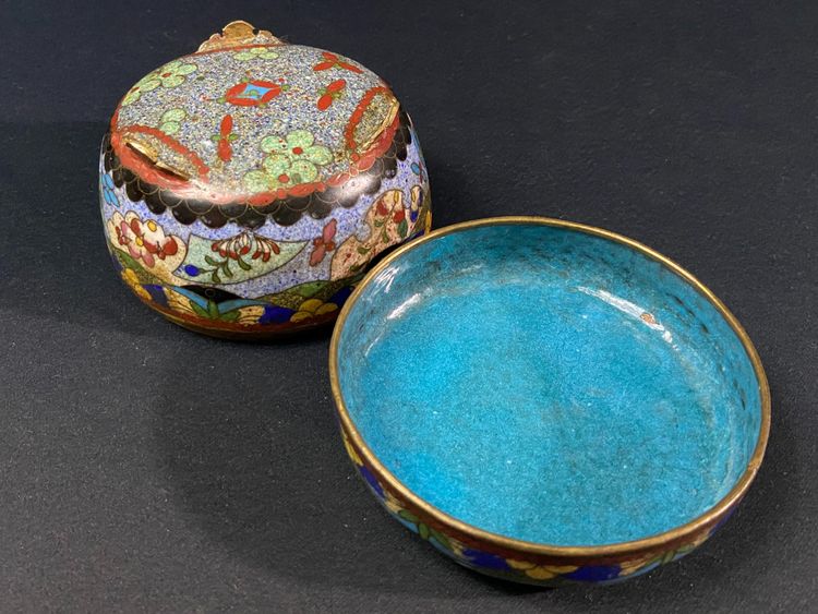 Cloisonné enamel box with polychrome decoration on a blue background Meiji Japan late 19th century