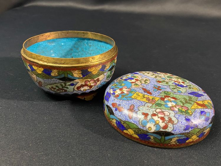 Cloisonné enamel box with polychrome decoration on a blue background Meiji Japan late 19th century