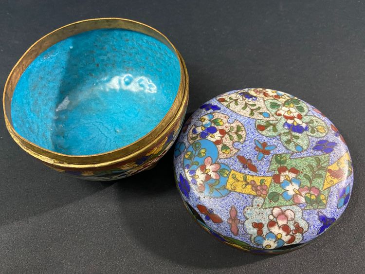 Cloisonné enamel box with polychrome decoration on a blue background Meiji Japan late 19th century