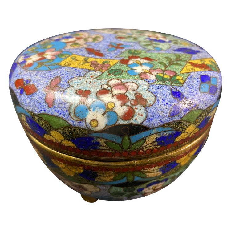 Cloisonné enamel box with polychrome decoration on a blue background Meiji Japan late 19th century