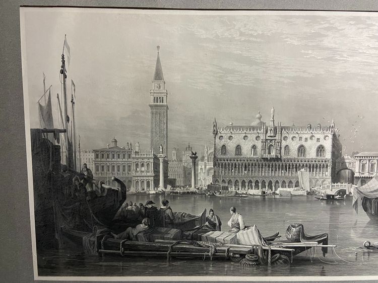 Grande gravure XIXe 1834 représentant une vue animée du Grand Canal à Venise