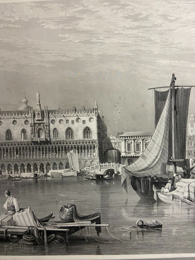 Grande gravure XIXe 1834 représentant une vue animée du Grand Canal à Venise