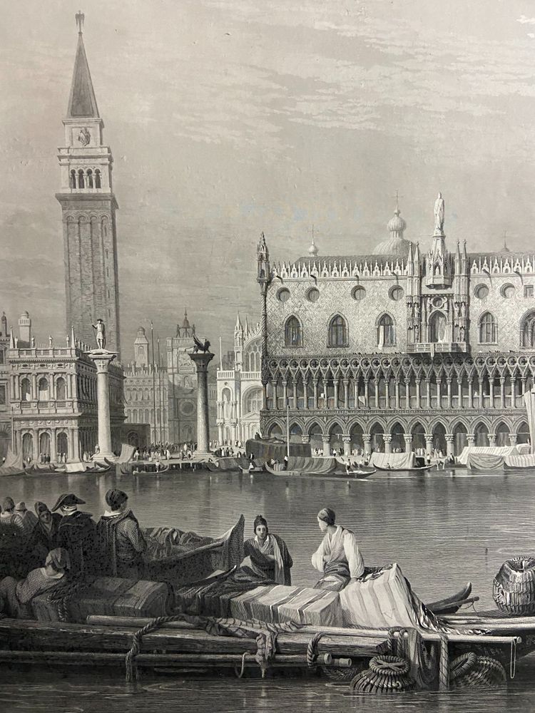 Grande gravure XIXe 1834 représentant une vue animée du Grand Canal à Venise