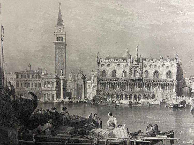 Grande gravure XIXe 1834 représentant une vue animée du Grand Canal à Venise