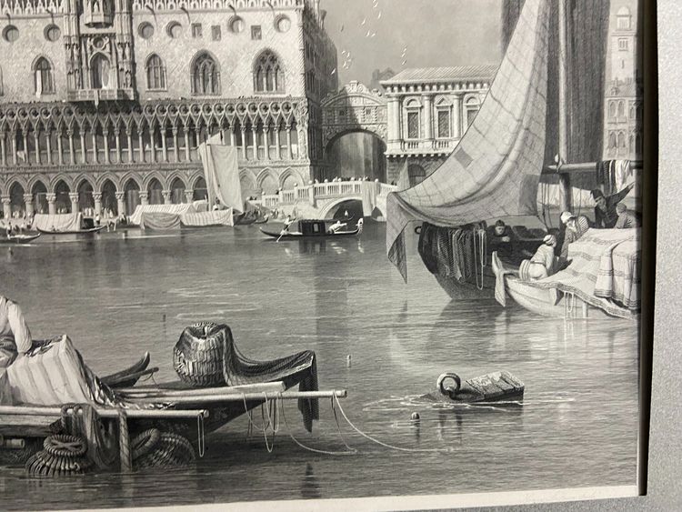 Grande gravure XIXe 1834 représentant une vue animée du Grand Canal à Venise