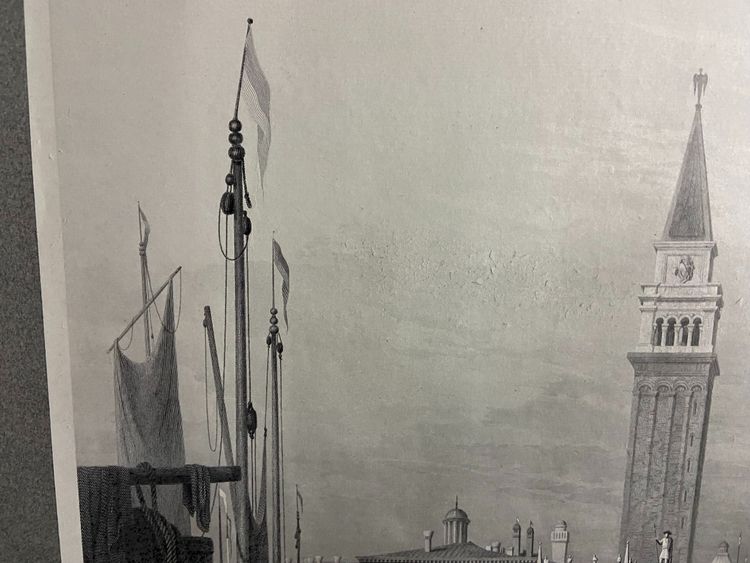 Grande gravure XIXe 1834 représentant une vue animée du Grand Canal à Venise