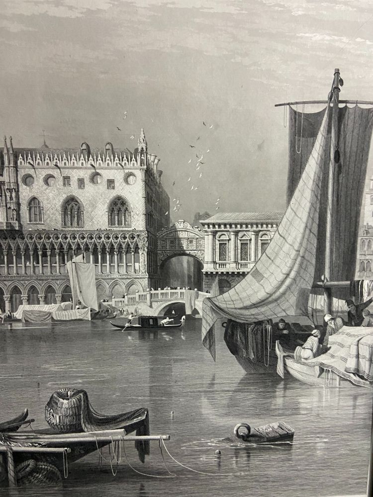 Grande gravure XIXe 1834 représentant une vue animée du Grand Canal à Venise