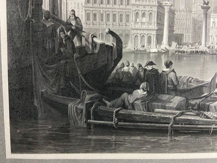 Grande gravure XIXe 1834 représentant une vue animée du Grand Canal à Venise