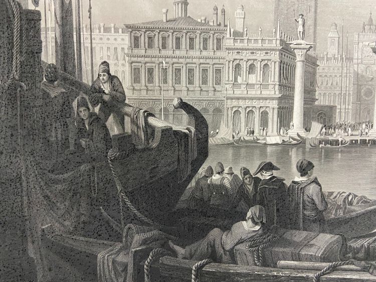 Grande gravure XIXe 1834 représentant une vue animée du Grand Canal à Venise