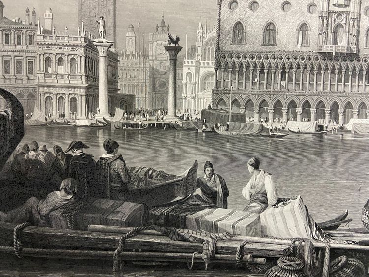 Grande gravure XIXe 1834 représentant une vue animée du Grand Canal à Venise