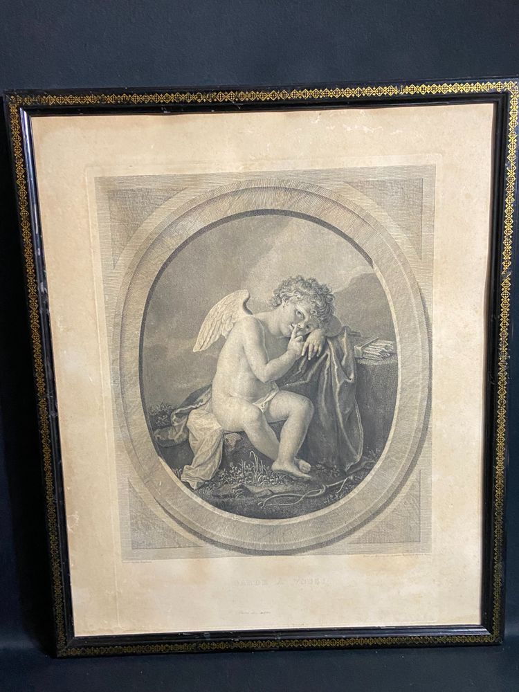 Gravure XIXe à l'angelot ange titrée Garde à vous Angelica Kauffmann / Porporati