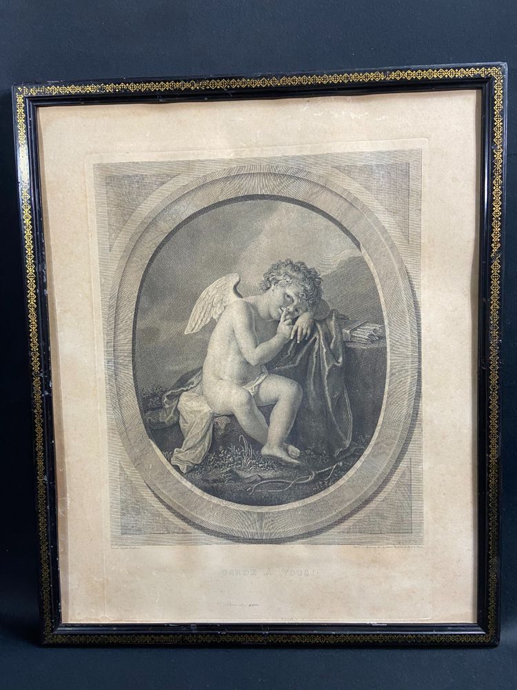 Gravure XIXe à l'angelot ange titrée Garde à vous Angelica Kauffmann / Porporati