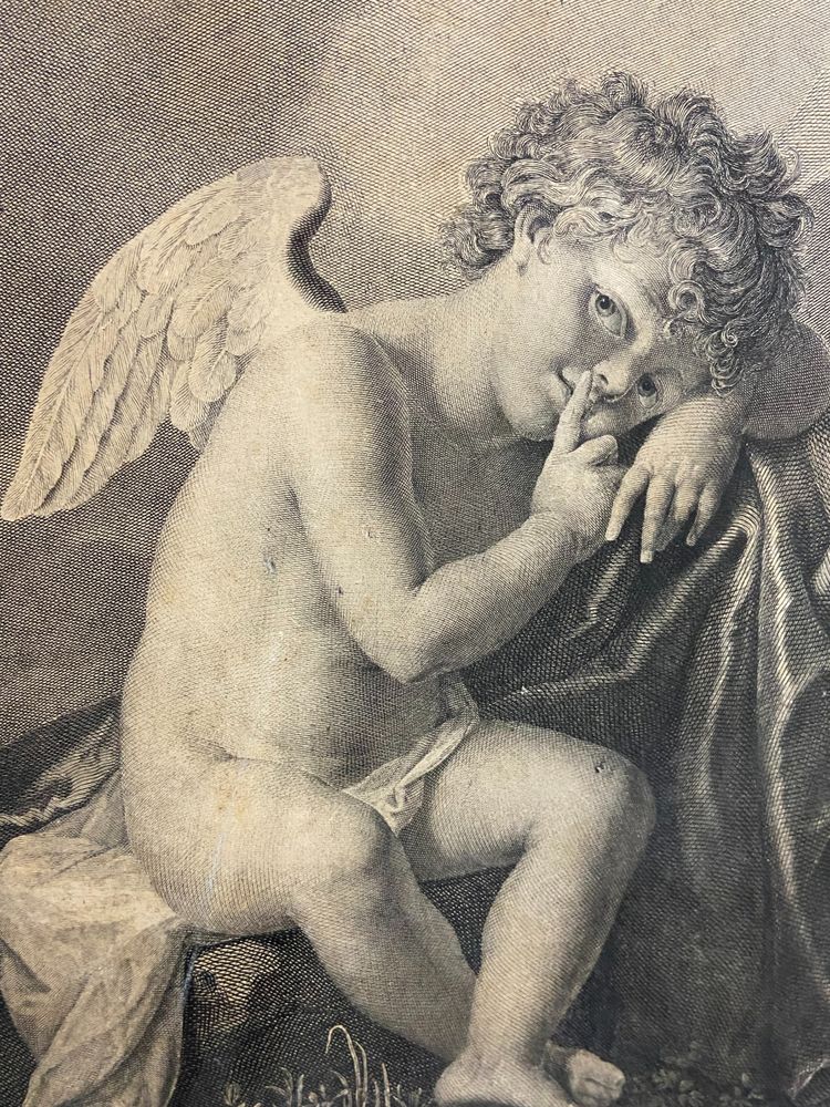 Gravure XIXe à l'angelot ange titrée Garde à vous Angelica Kauffmann / Porporati