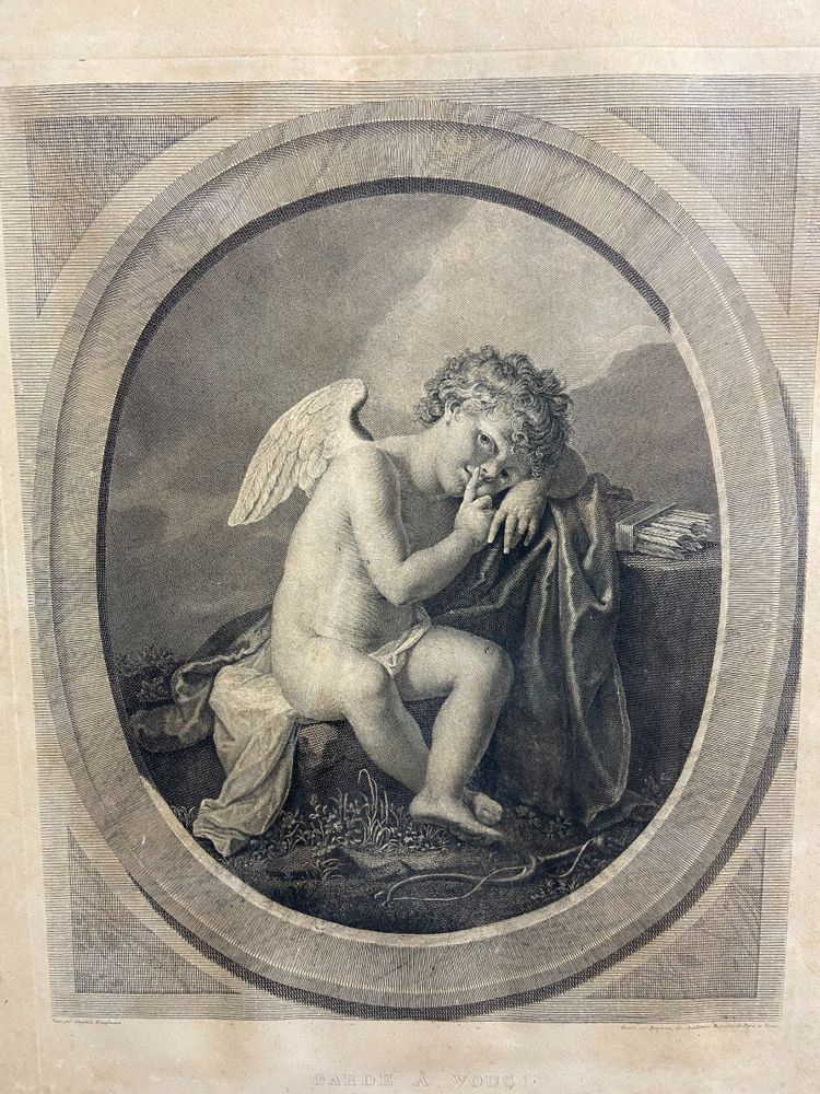 Gravure XIXe à l'angelot ange titrée Garde à vous Angelica Kauffmann / Porporati