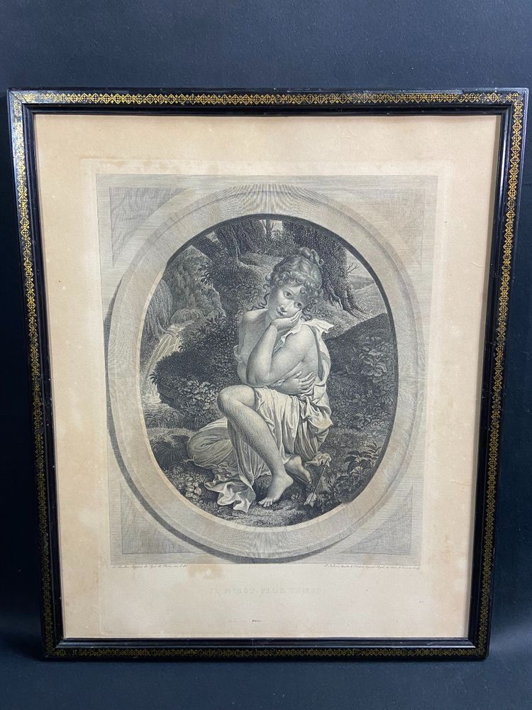 Gravure XIXe à la jeune femme titrée "Il n'est plus temps" Bouillon / Audouin
