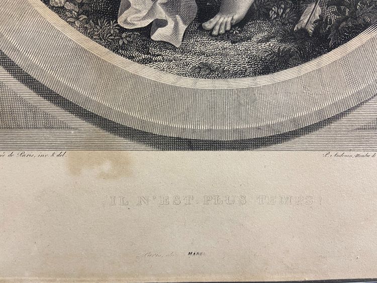 Gravure XIXe à la jeune femme titrée "Il n'est plus temps" Bouillon / Audouin
