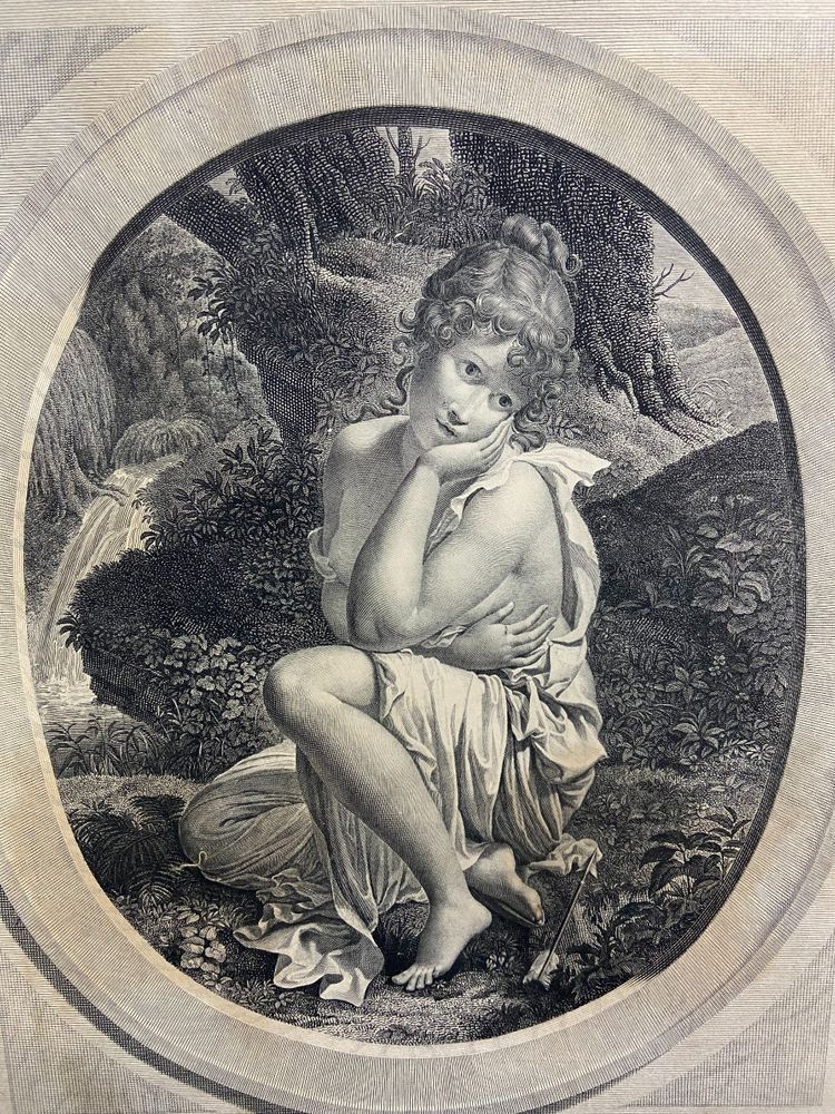Gravure XIXe à la jeune femme titrée "Il n'est plus temps" Bouillon / Audouin