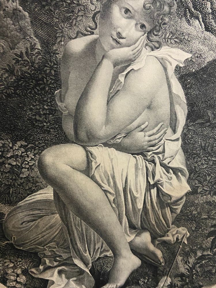 Gravure XIXe à la jeune femme titrée "Il n'est plus temps" Bouillon / Audouin