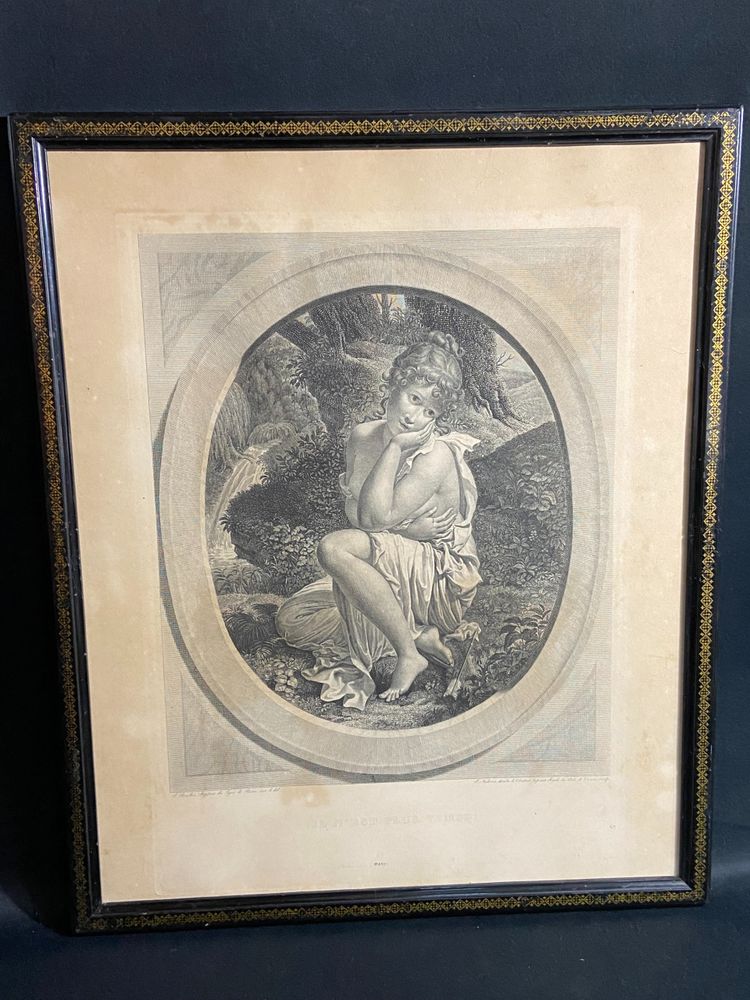 Gravure XIXe à la jeune femme titrée "Il n'est plus temps" Bouillon / Audouin